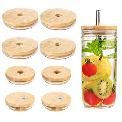 Silicon Ring Bambu Tutup Kedap Udara Mulut Lebar Mason Jar Kaca Kaleng Bir Dengan Lubang Jerami