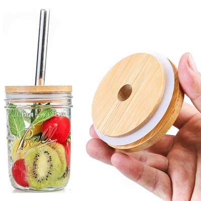 Silicon Ring Bambu Tutup Kedap Udara Mulut Lebar Mason Jar Kaca Kaleng Bir Dengan Lubang Jerami