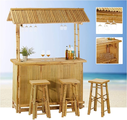 Commercial Outdoor Bambu Tiki Bar Kit Dengan Atap Dan Rak Botol Minum, Bangku Bambu Dengan Dukungan Belakang