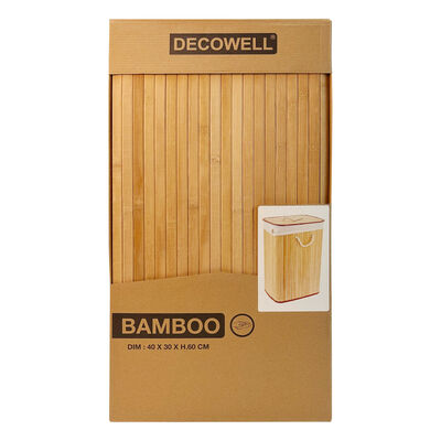 Natural bamboo laundry basket with cotton liner.