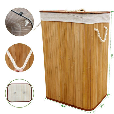 Natural bamboo laundry basket with cotton liner.